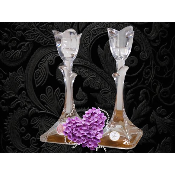Vintage Toscani Antiques Ltd Tulip Candlesticks Set of Two 24% Lead Crystal 8" - Picture 8 of 10